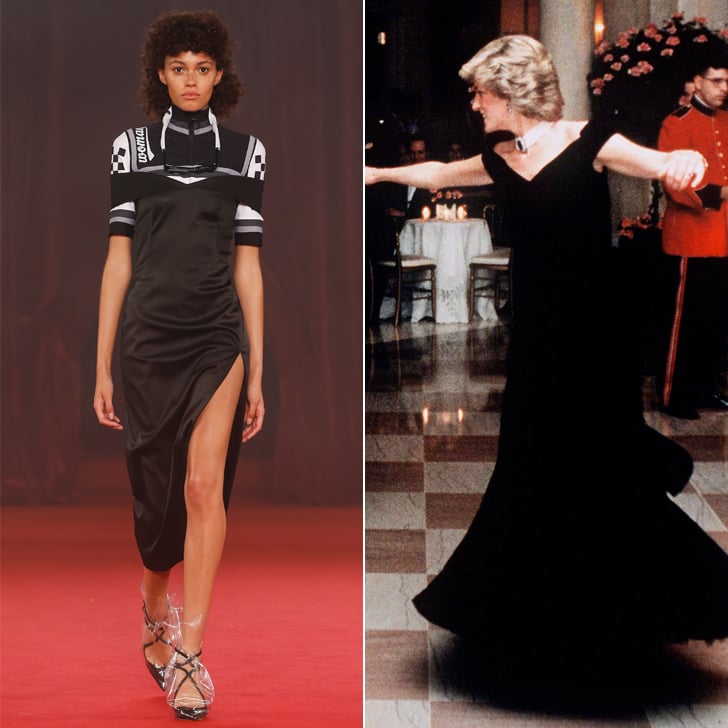 Princess Diana wore this black v-neck gown designed by Victor Edelstein when she visited America in 1985. She danced with movie star John Travolta at the White House in it. Virgil emulated the silhouette of the dress, but updated it with his modern influence.
