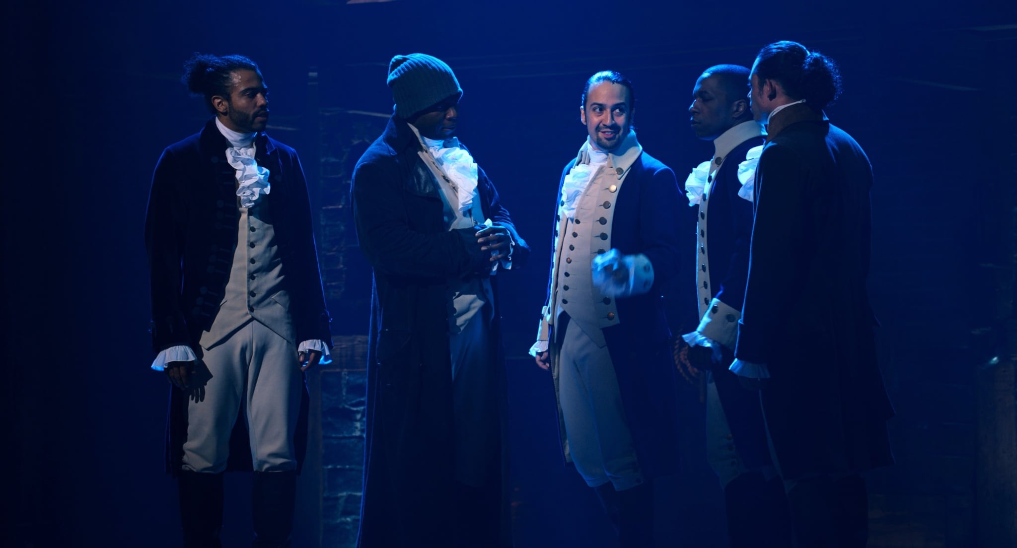 HAMILTON, from left: Daveed Diggs as the Marquis de Lafayette, Okieriete Onaodowan as Hercules Mulligan, Lin-Manuel Miranda as Alexander Hamilton, Leslie Odom Jr. as Aaron Burr, Anthony Ramos as John Laurens, 2020.  Disney+ / Courtesy Everett Collection