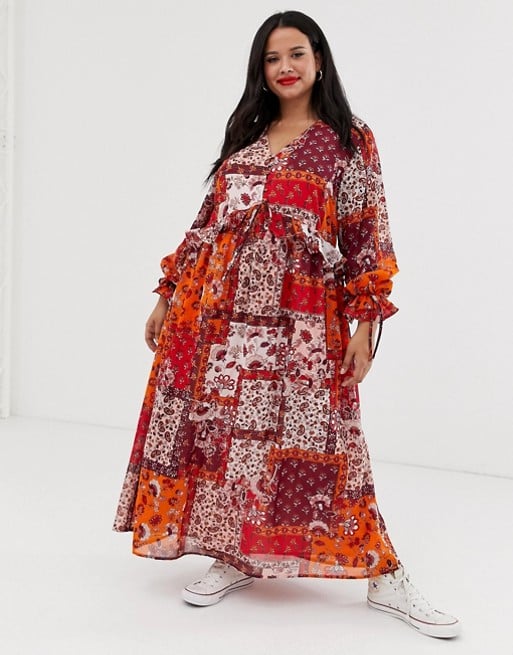 Neon Rose Plus maxi smock dress with button front in patchwork print