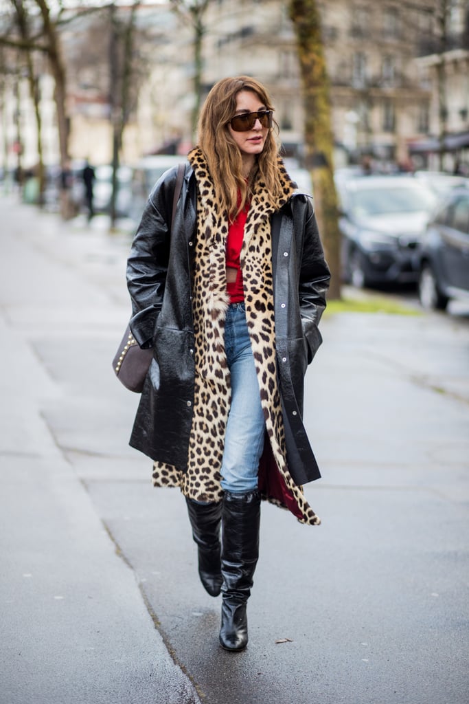 Style Your Leopard-Print Coat With: A Leather Jacket, Bright Sweater, Jeans, and Tall Boots