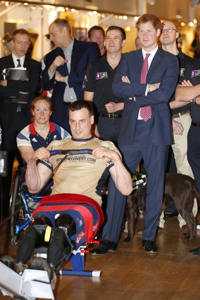 Prince Harry watched a demonstration of indoor rowing at the River and Rowing Museum in London on Monday. He was there as part of the Row2Recovery team, which is made up of wounded servicemen.