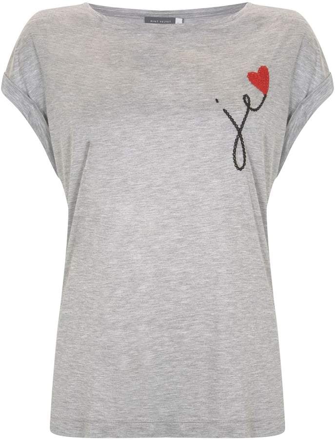 Mint Velvet Grey Marl Je Embroidered Heart Tee