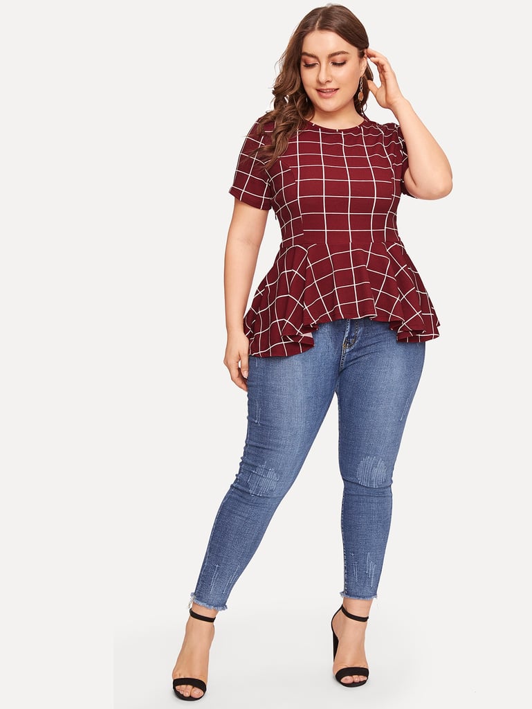 Shein Plus Ruffle Hem Grid Top