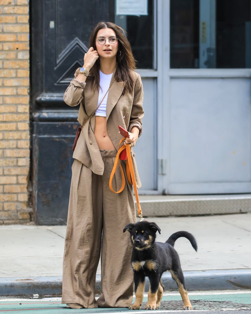 Emily Ratajkowski in Crop Top and Low-Slung Pants in NYC