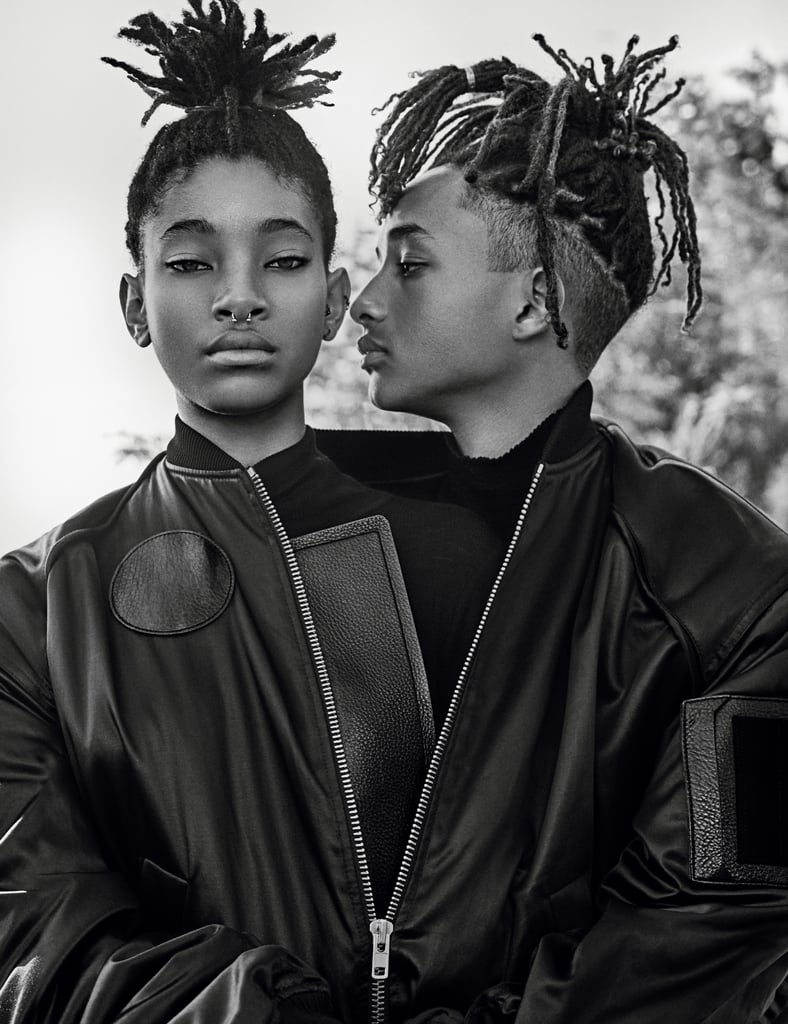 Willow on being close to her brother: "It's crazy, the sibling dynamic. I could've spent my entire childhood like, 'I have to love this person.' And it becomes a chore. But our parents were never like, 'You have to love them.' It was more like, 'You have your life. He has his life. And when you guys want to come together, when you guys want to commune, that's up to you.' And throughout us realizing ourselves and realizing each other, we just opened our eyes and were like, 'Damn, you are the yin to my yang.' Not a lot of siblings have that opportunity, because they're always being pushed together so much. They need their time apart in order to realize themselves and realize who they are." 
Jaden on fame: "How people look at us in public is not how we actually are in private. It's just that we choose not to tell everyone everything. Like, okay, I'm in New York right now. I'm not posting an emoji of a plane on Instagram, like, 'New York.' I don't want anyone to know that I'm here in New York. And by the time this comes out, I won't be. We don't like people to really know what's happening with us or what we're into. The only thing that we want to keep people updated with is that we want to keep the kids that are following us, the kids that are looking up to us updated on what we're learning and what we're thinking about life."
Willow on her relationship with social media: "Even for people like us who have an awareness that's slightly more awakened, it still takes over your mind. And you find yourself randomly going on your phone for no reason, randomly doing things. It becomes compulsive, and you have to start asking yourself, 'Whoa, what is the real reason for me checking my Instagram every five minutes? What is the real reason for me posting this photo right now?' I never want to do things impulsively that have no meaning or intent, especially on social media."