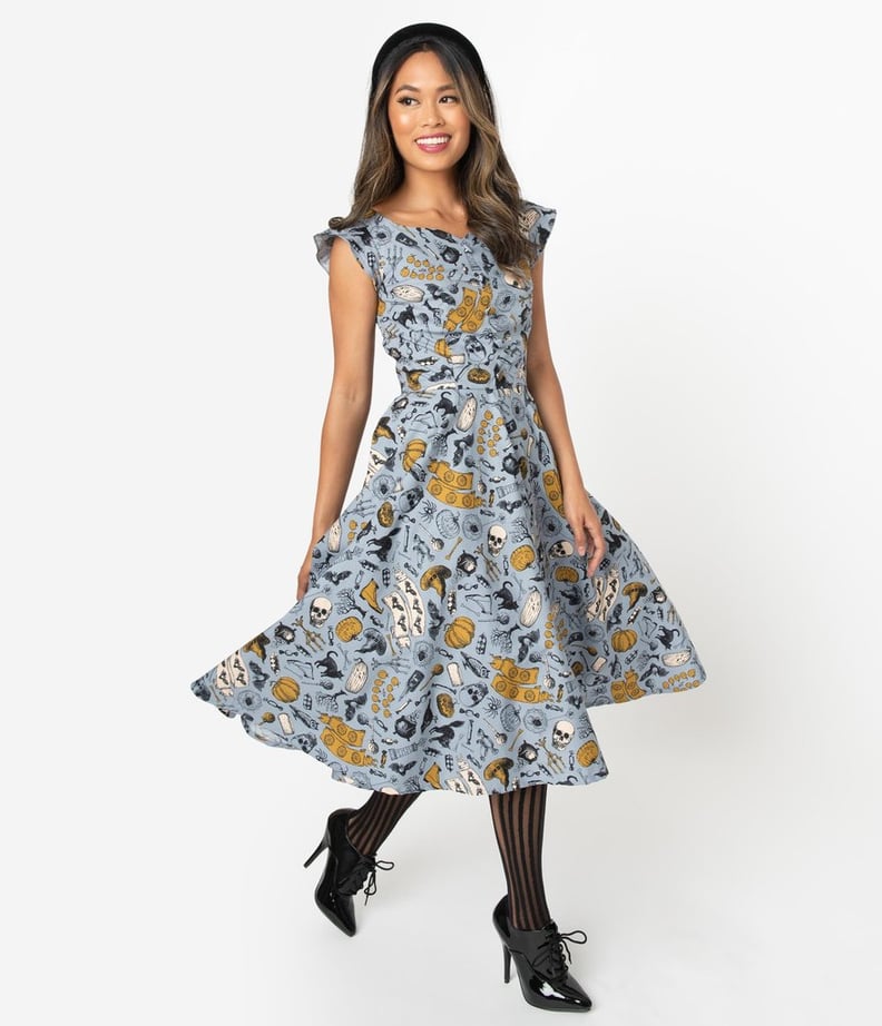 1950s Style Dusty Blue Halloween Print Judy Swing Dress