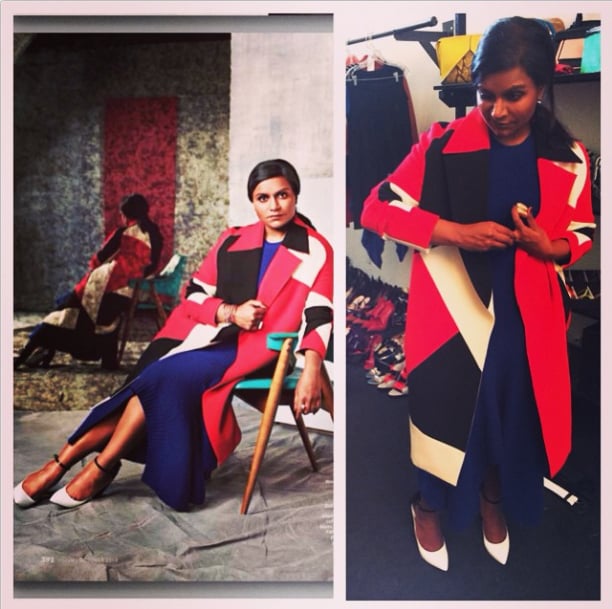 Who made Mindy Kaling's red velvet pants, pumps, and blazer