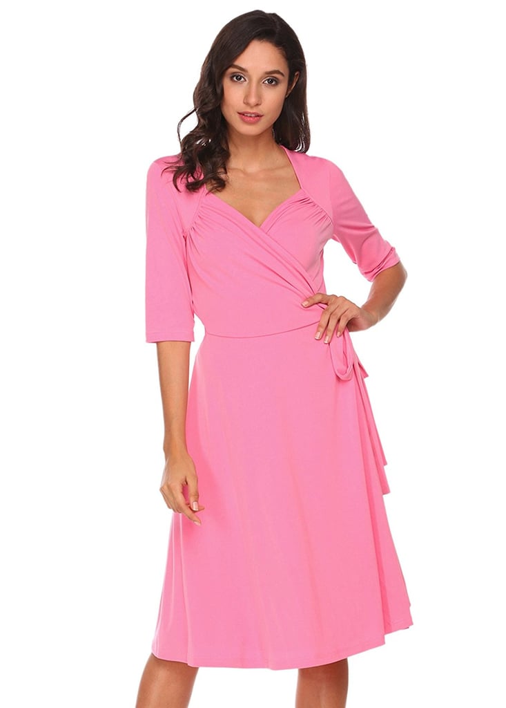 Zeagoo V-Neck Short Sleeve Ruched Solid Knee Length Dress