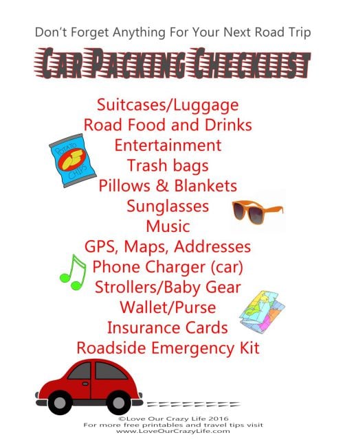 This car packing checklist from Love Our Crazy Life will help you to avoid forgetting key items on your next road trip. This car packing checklist from Love Our Crazy Life will help you to avoid forgetting key items on your next road trip.