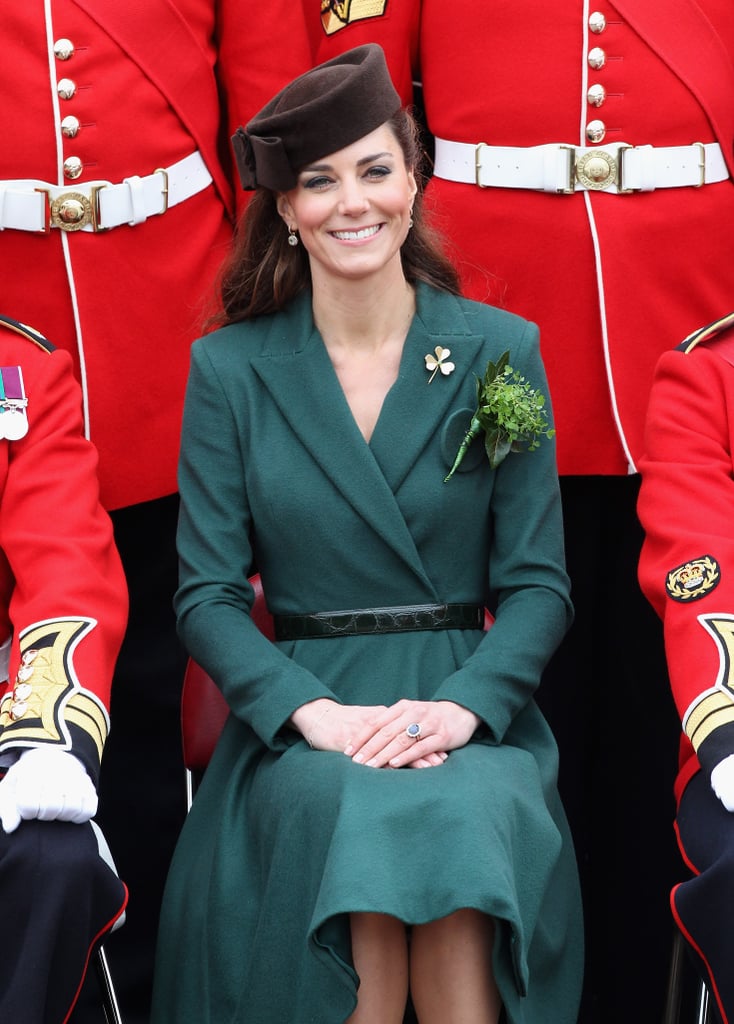 Kate Middleton sat pretty at a St. Patrick's Day event with Irish Guards in Aldershot, England, in March 2012.