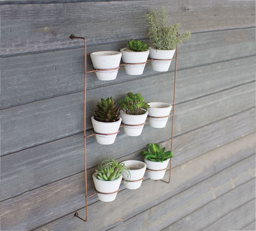 White Wash Clay Pots on Copper Wall Rack