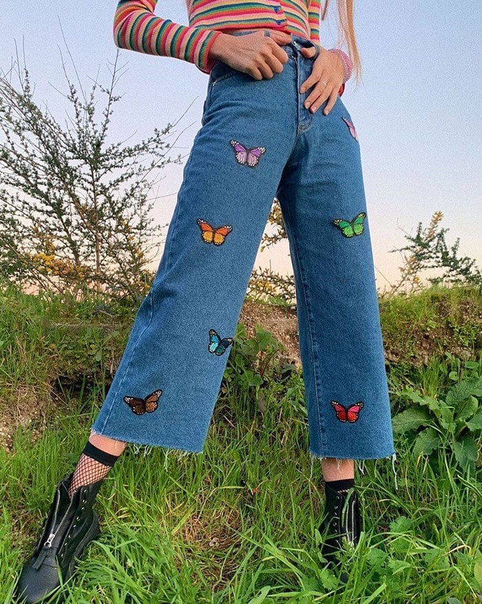 Emmiol High-Waist Color Butterfly Embroidered Straight Denim Slim Jeans