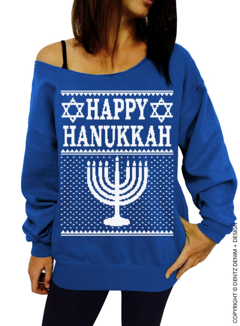 "Happy Hanukkah" Ugly Off-the-Shoulder Sweater