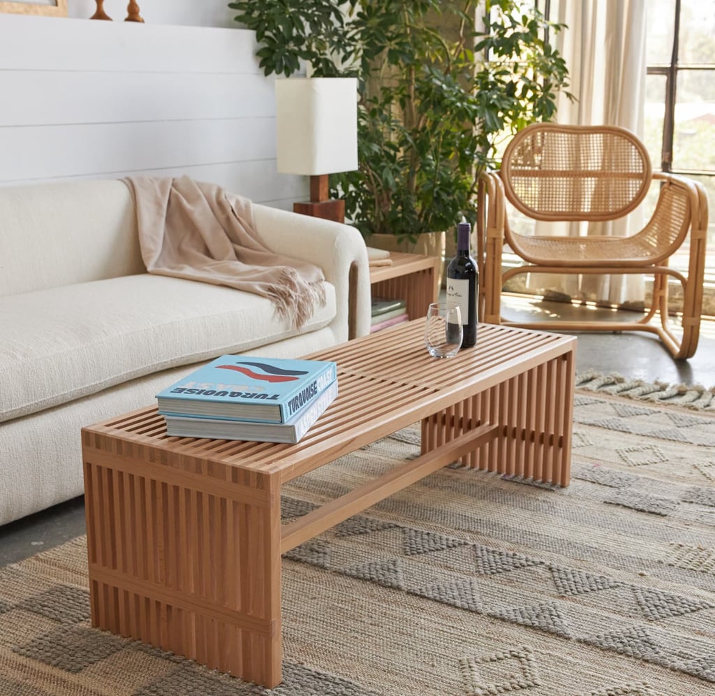 A Coffee Table: Avocado Green Slatted Wood Bench