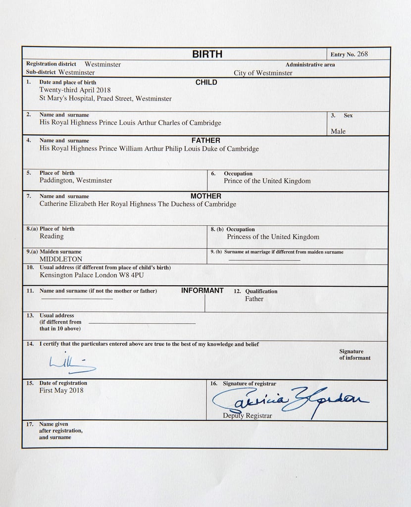 Prince Louis #39 s Birth Certificate POPSUGAR Celebrity
