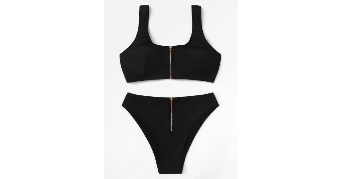 SheIn Zipper Front Bikini Halsey Black Bikini August 2018 POPSUGAR