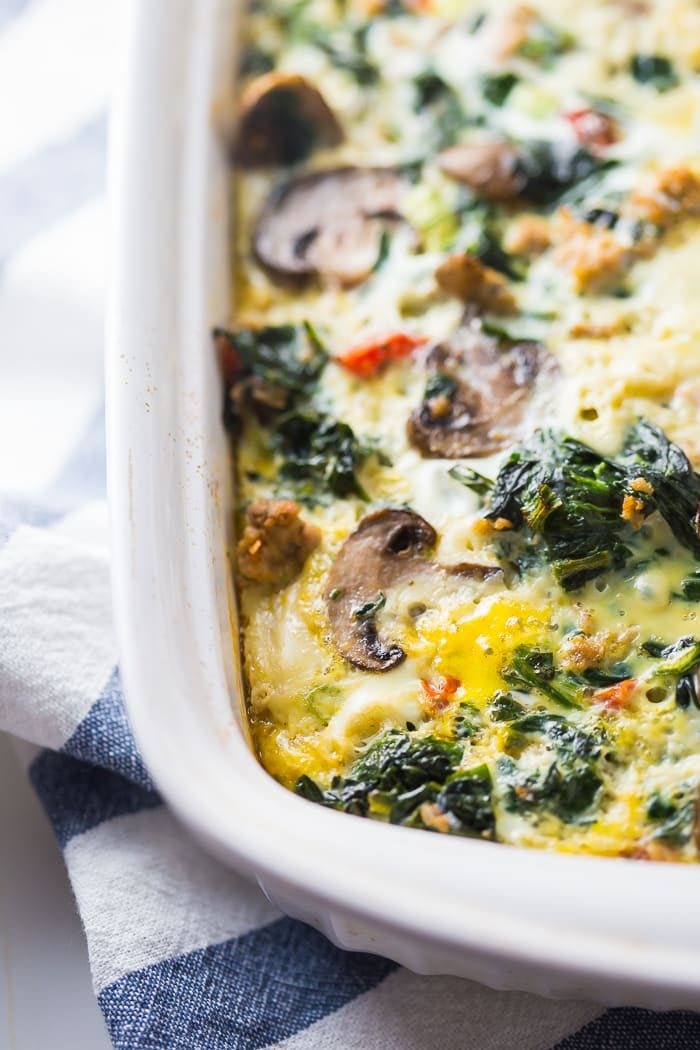 Breakfast Bake With Sausage, Eggs, Spinach, and Mushrooms