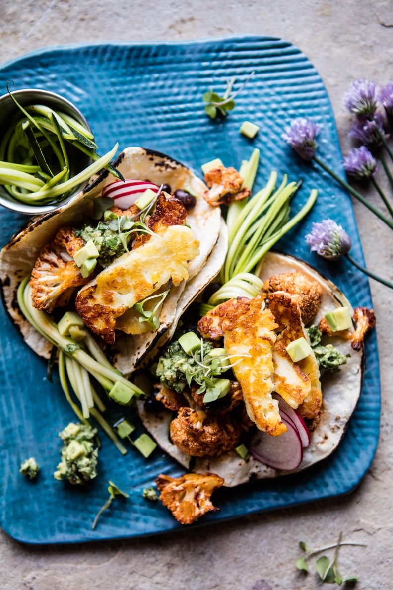 Roasted Cauliflower Fried Halloumi Tacos With Spicy Avocado Basil Salsa