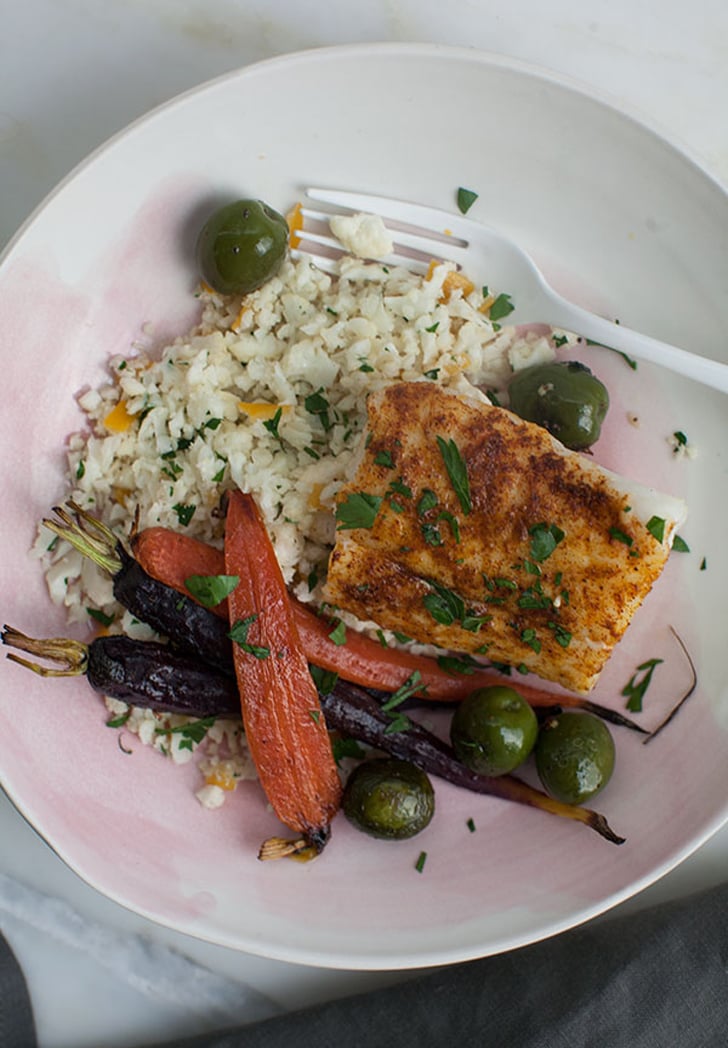 Moroccan-Spiced Cod With Cauliflower Cous Cous and Olives