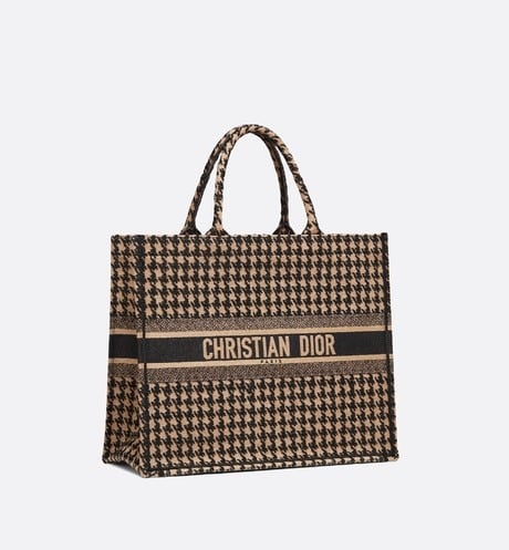 Dior Black and Beige Houndstooth Embroidered Book Tote