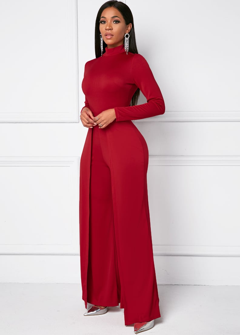 Rosewe Long Sleeve Mock Neck Red Wide Leg Jumpsuit