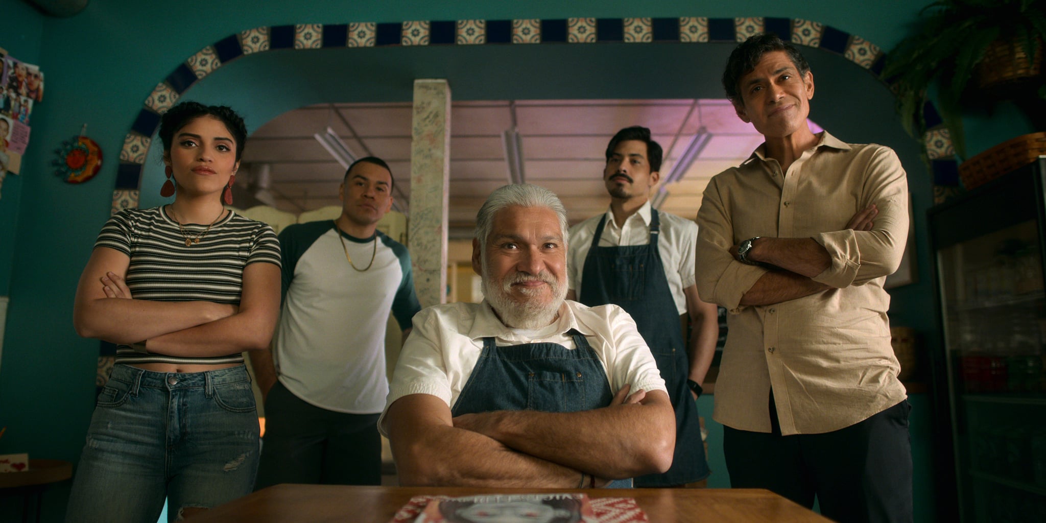 Gentefied Season 2 (L-R).  Karrie Martin as Ana, JJ Soria as Erik, Joaquín Cosío as Casimiro, Carlos Santos as Chris, Manuel Uriza as Ernesto, in Gentefied Season 2. COURTESY OF NETFLIX/Netflix © 2021