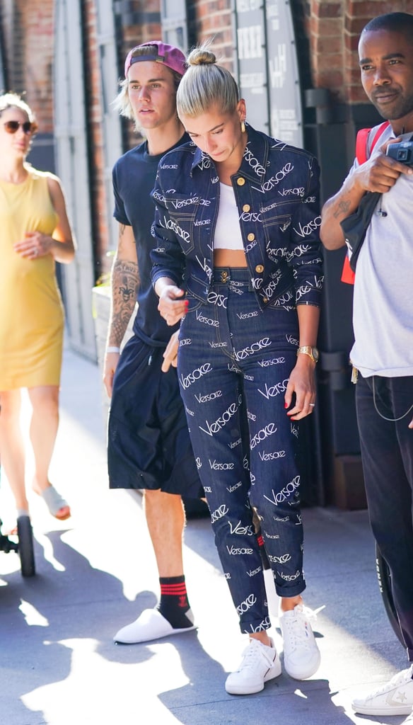 Hailey Baldwin Versace Denim Jacket and Jeans July 2018 | POPSUGAR Fashion