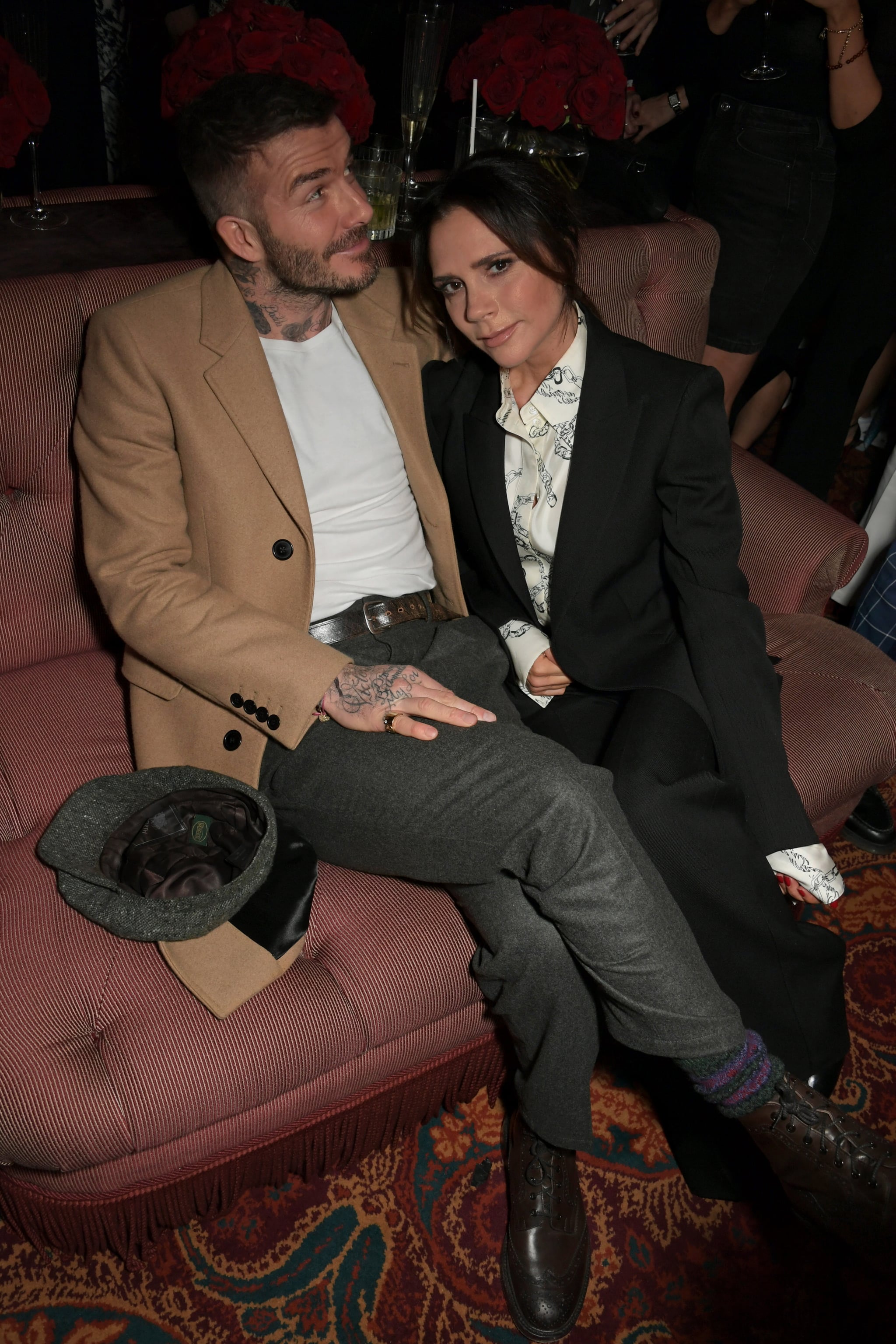 LONDON, ENGLAND - FEBRUARY 17:   David Beckham (L) and Victoria Beckham attend the Victoria Beckham x YouTube Fashion & Beauty after party at London Fashion Week hosted by Derek Blasberg & David Beckham at Mark's Club on February 17, 2019 in London, England.  (Photo by David M. Benett/Dave Benett/Getty Images for YouTube)