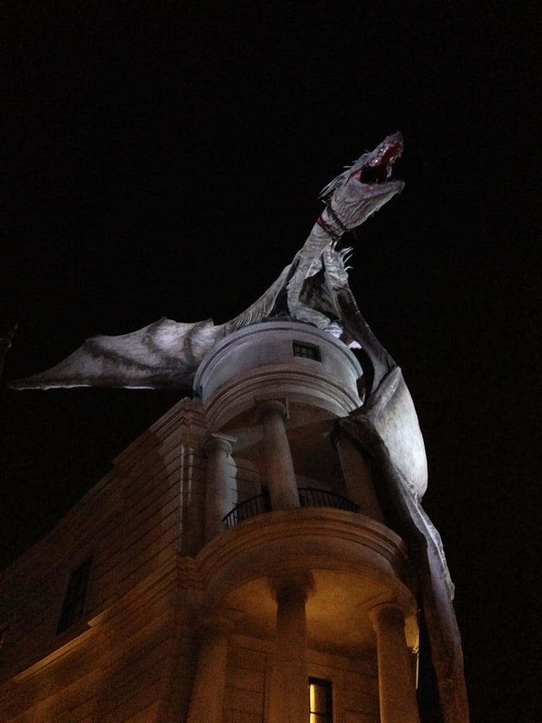 An extremely lifelike Ukrainian Ironbelly dragon sits atop Gringotts Bank and breathes real, hot fire every few minutes.