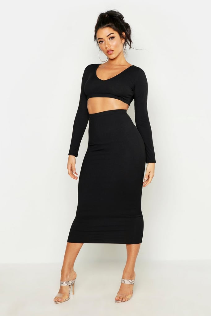 Boohoo Long Sleeve Crop & Midaxi Skirt Rib CoOrd Rihanna's Black