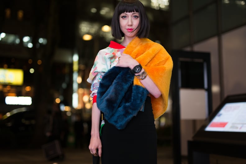 Wear a Multicolored Faux-Fur Stole Over Your Shoulder