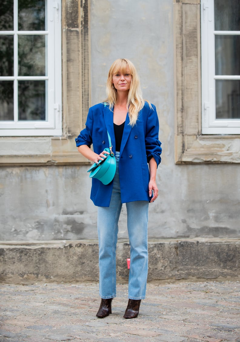 Fall Outfit Idea: Blue Blazer + Jeans + Snake-Print Boots