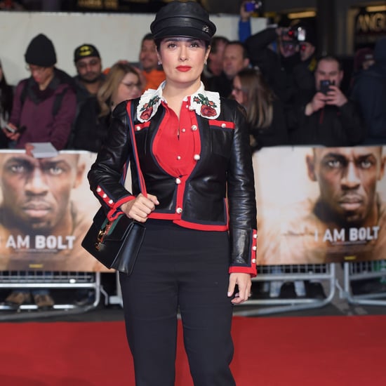 Salma Hayek Wearing a Gucci Jacket at the I Am Bolt Premiere