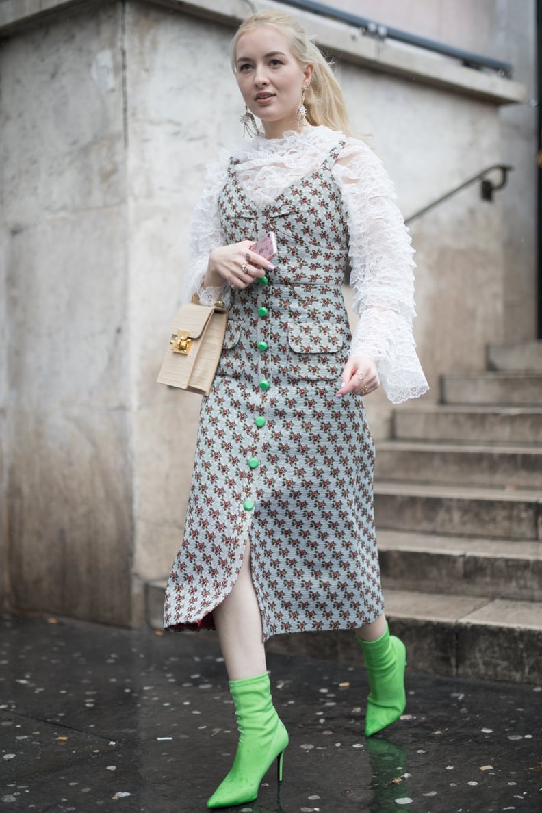Style Your White Eyelet Top With a Floral Dress and Sock Boots