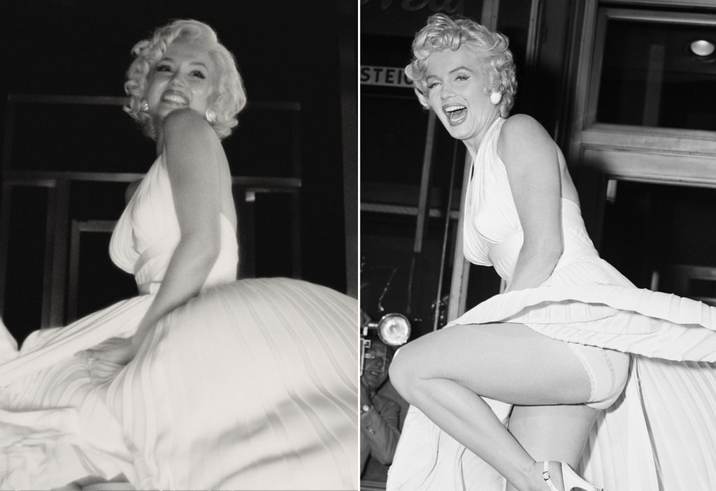 阿马斯(L)重新创造1955年梦露的(R)标志性的白色礼服的时刻,发生在纽约市的地铁上炉篦角落莱克星顿大街和52街。