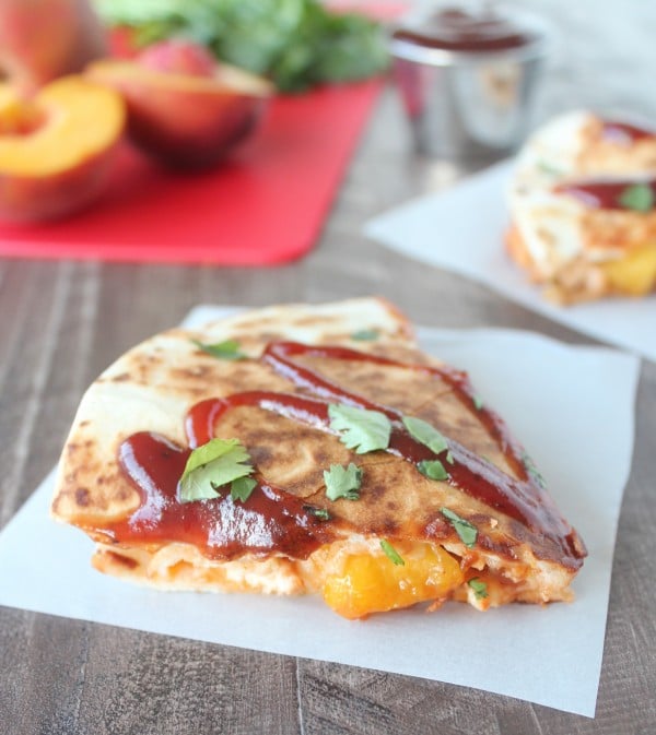 BBQ Chicken Peach Bacon Cheddar Quesadillas