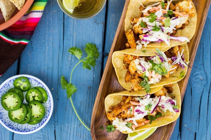 Roasted Butternut Squash Tacos With Maple Brussels Sprout Slaw and Sage Crema