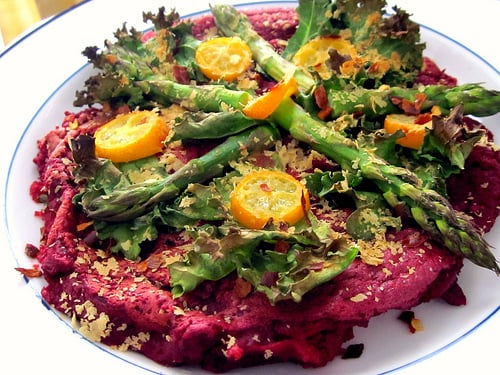 Roasted Garlic-Beet Socca Pizza