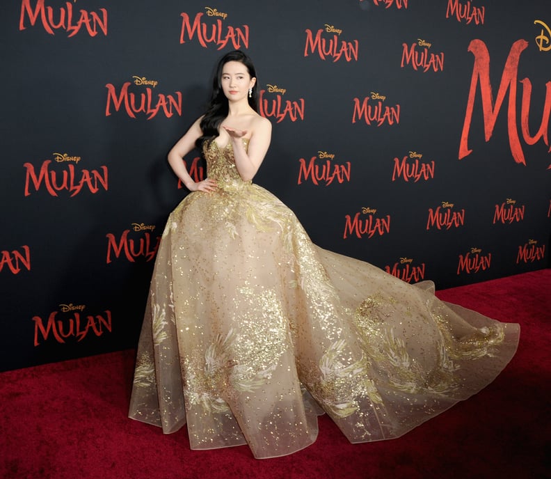 Liu Yifei Wearing Gold Elie Saab Gown at Mulan Premiere | PS Fashion