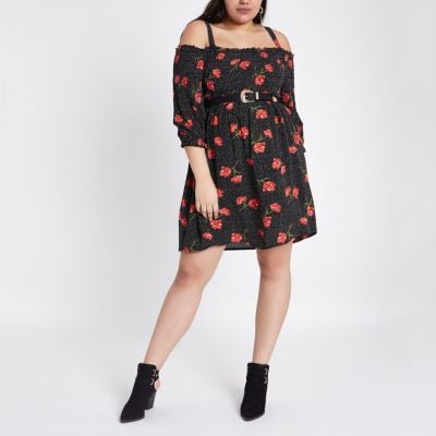 River Island Plus Black Floral Spot Print Bardot Dress