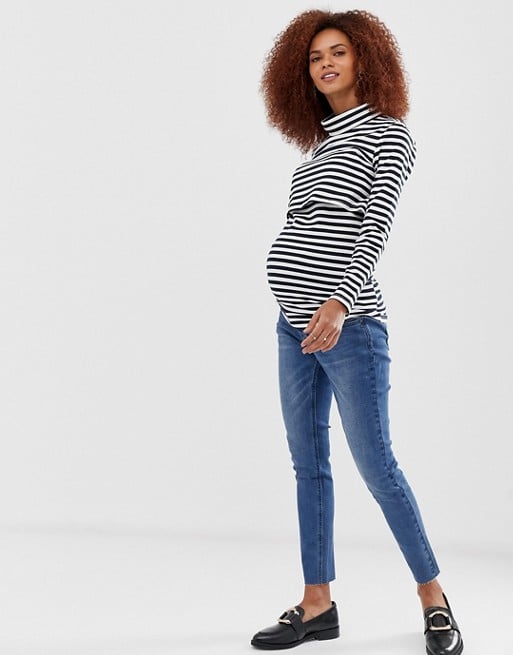 Bandia Maternity Nursing Long Sleeve Navy Stripe Polo Top