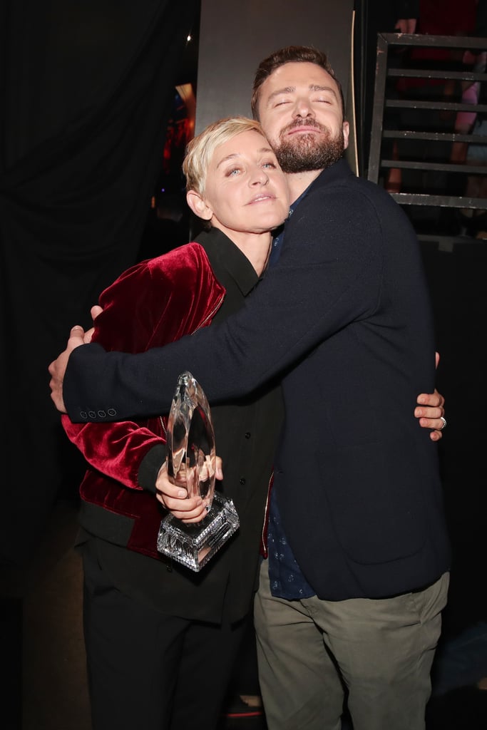 Justin gave Ellen a big hug after presenting her with her 20th People's Choice Award in 2017.