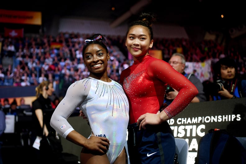 STUTTGART, GERMANY - OCTOBER 10:  Simone Biles and Sunisa Lee of USA during the Women's All-Around Final on Day 7 of FIG Artistic Gymnastics World Championships on October 10, 2019 in Stuttgart, Germany. (Photo by Laurence Griffiths/Getty Images)