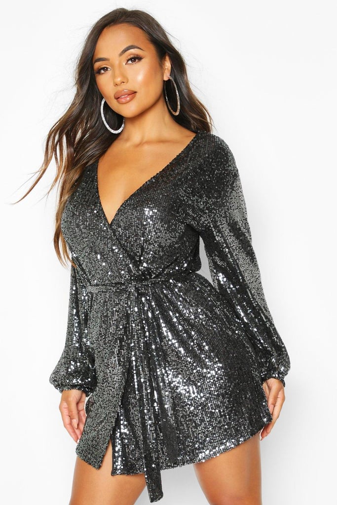 Petite Belted Balloon Sleeve Sequin Dress | The Best Cutest Dresses on ...