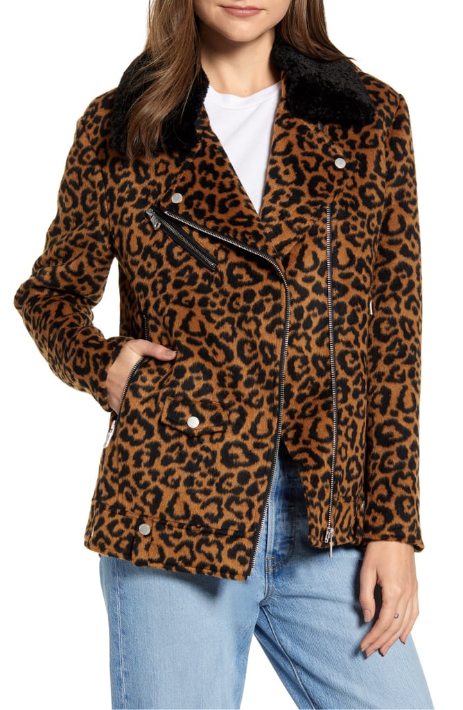 Avec Les Filles Leopard Print Wool Jacket With Faux Shearling Collar