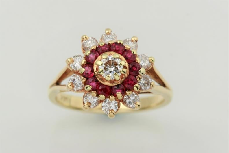 Etsy Ruby and Diamond Flower Ring 14k Yellow Gold