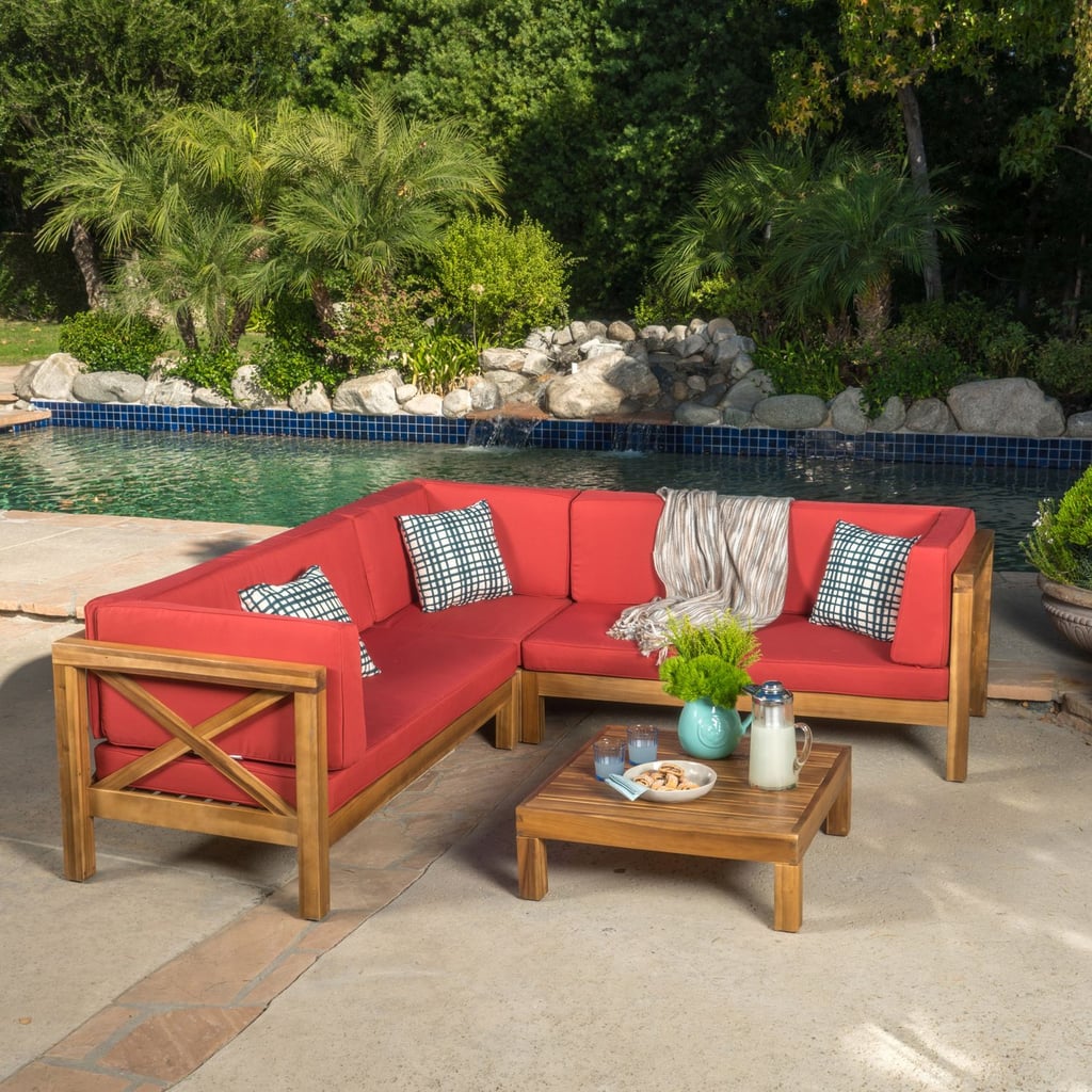 Marquez 4-Piece Wooden Sectional Set with Red Cushions