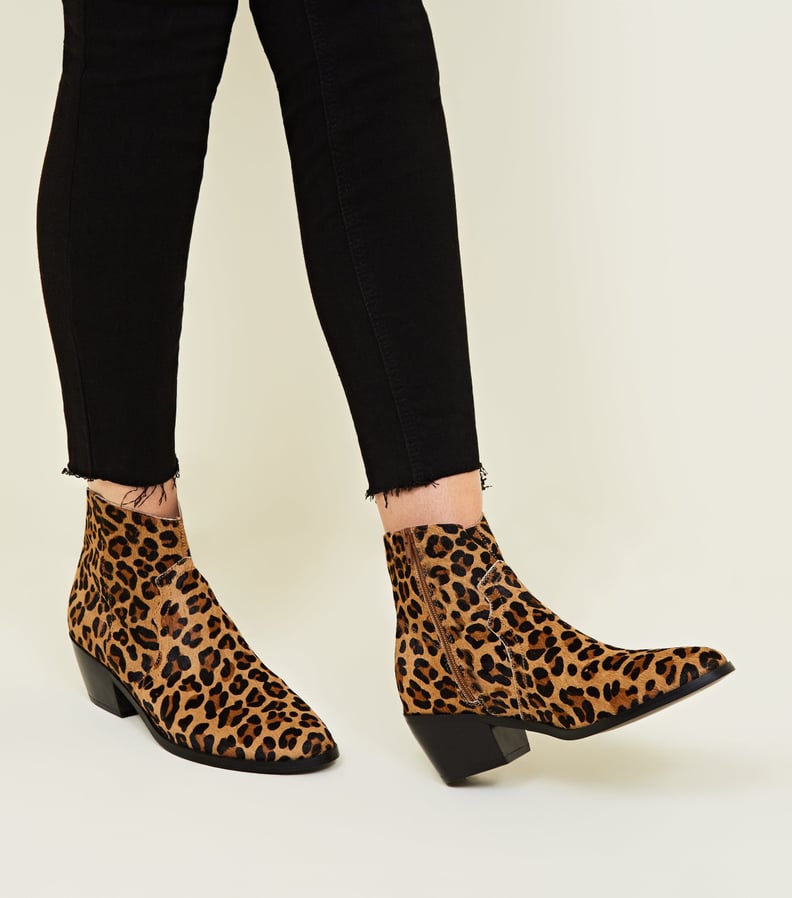 New Look Tan Leather Leopard Print Western Boots