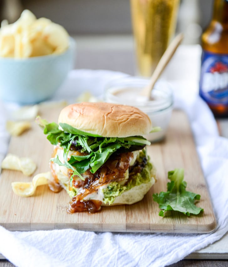 Goat Cheese Guac Burgers With Cheddar and Caramelized Onions