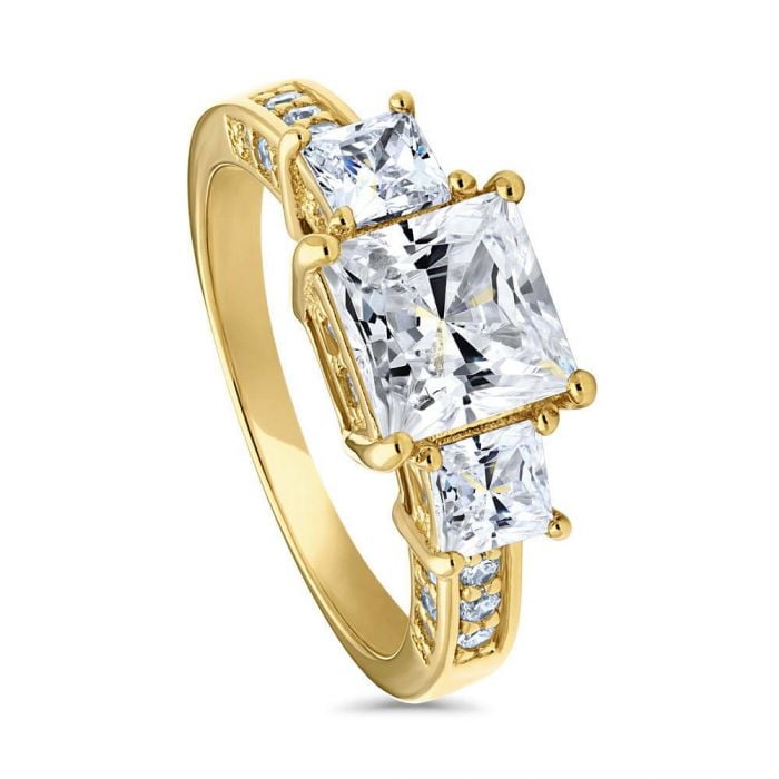 Berricle Gold Plated Sterling Silver Princess CZ 3-Stone Ring 3.12 CTW